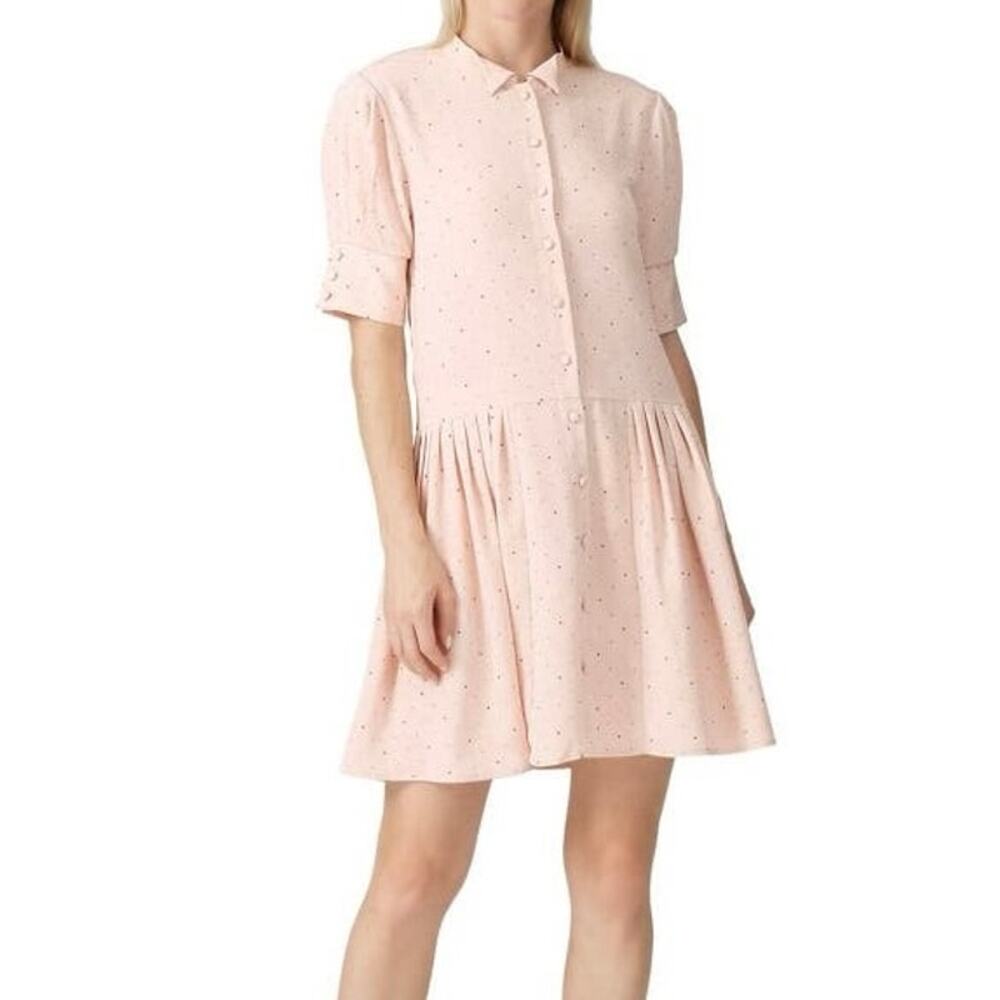 Deborah Lyons Polka Dot Drop Waist Dress Size 10 Anita Pale Pink Button Front